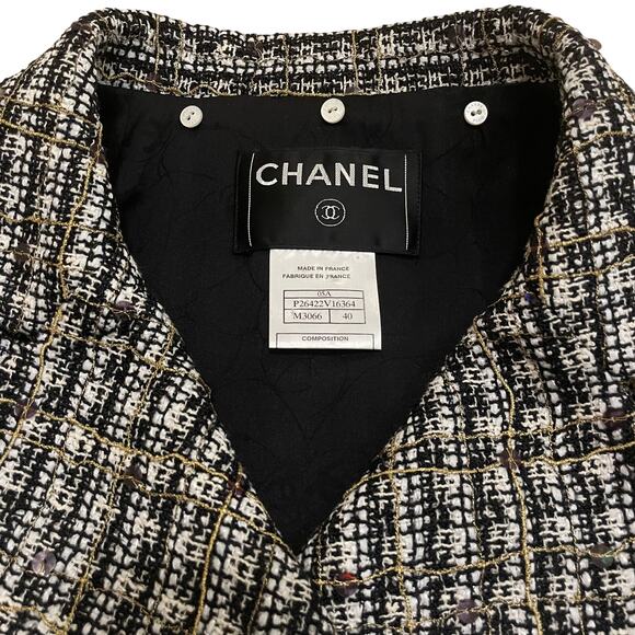 Chanel 05 Black White Plaid Tweed Sequin Jacket FR 40 | Gold Buttons Blazer Rare - Picture 7 of 16